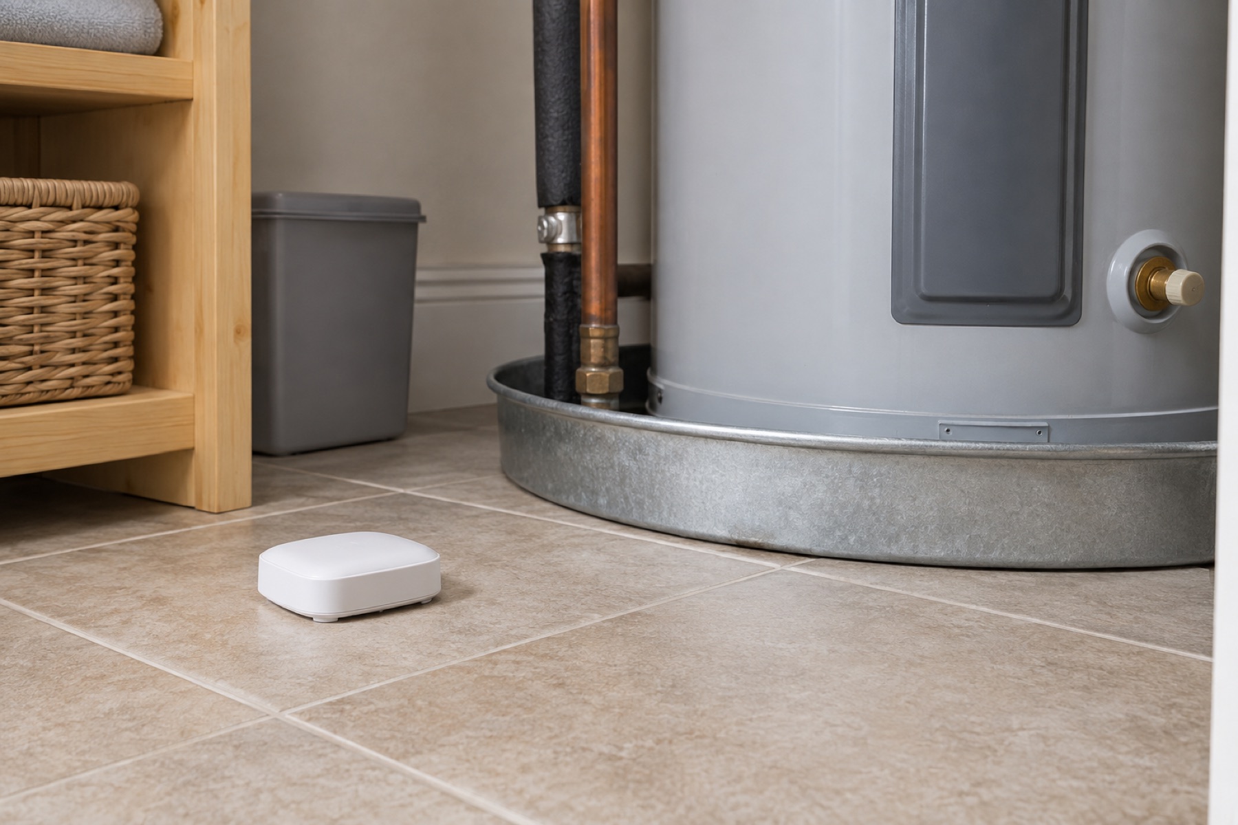 A generic leak sensor on a dry utility-room floor near a water-heater drain pan