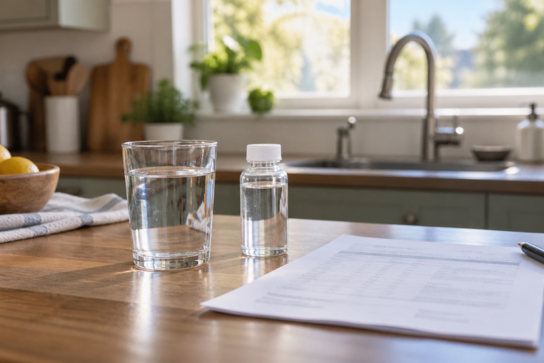 A glass of water, sample bottle and blurred report on a kitchen counter