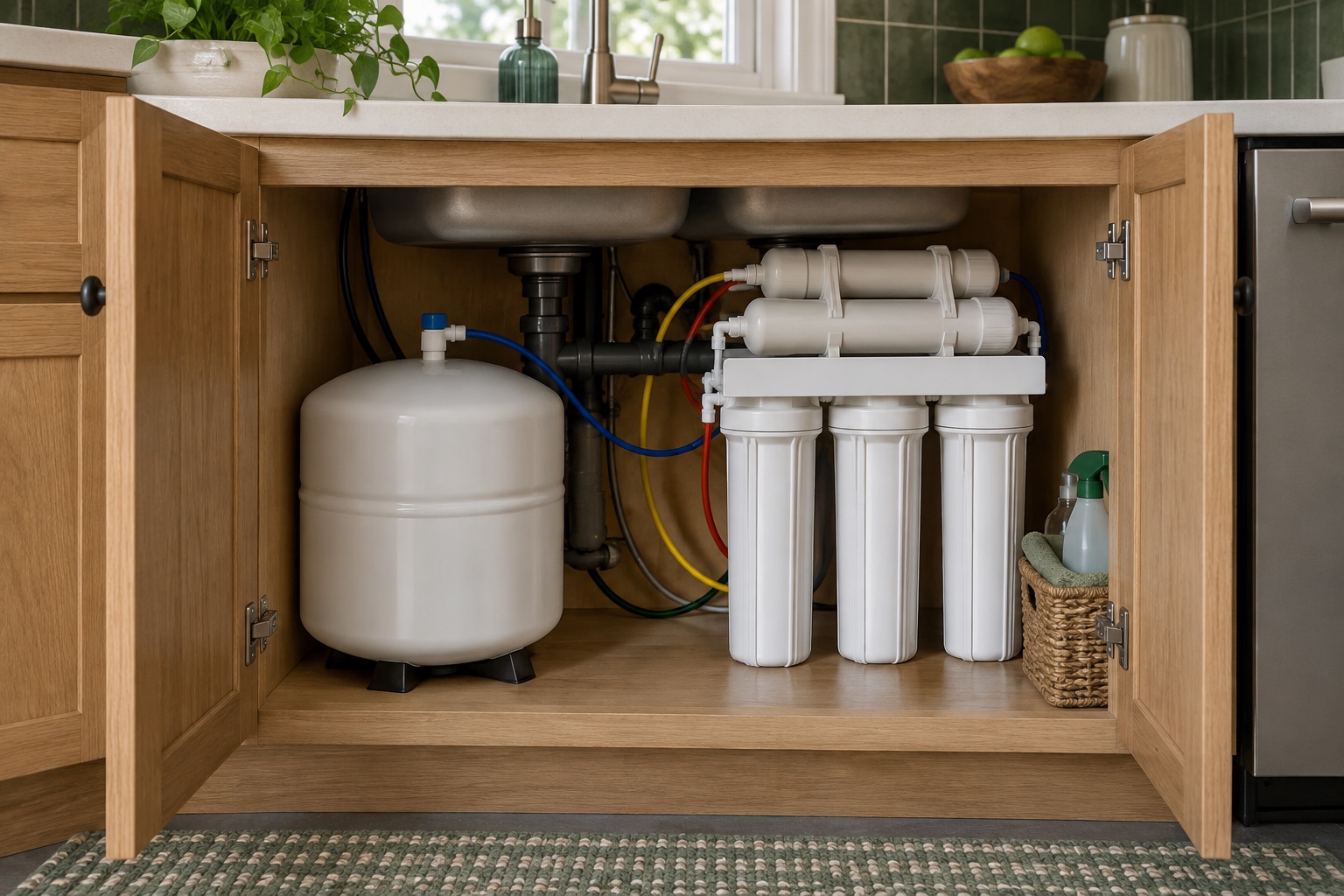 Generic storage-tank reverse-osmosis system in an open kitchen cabinet