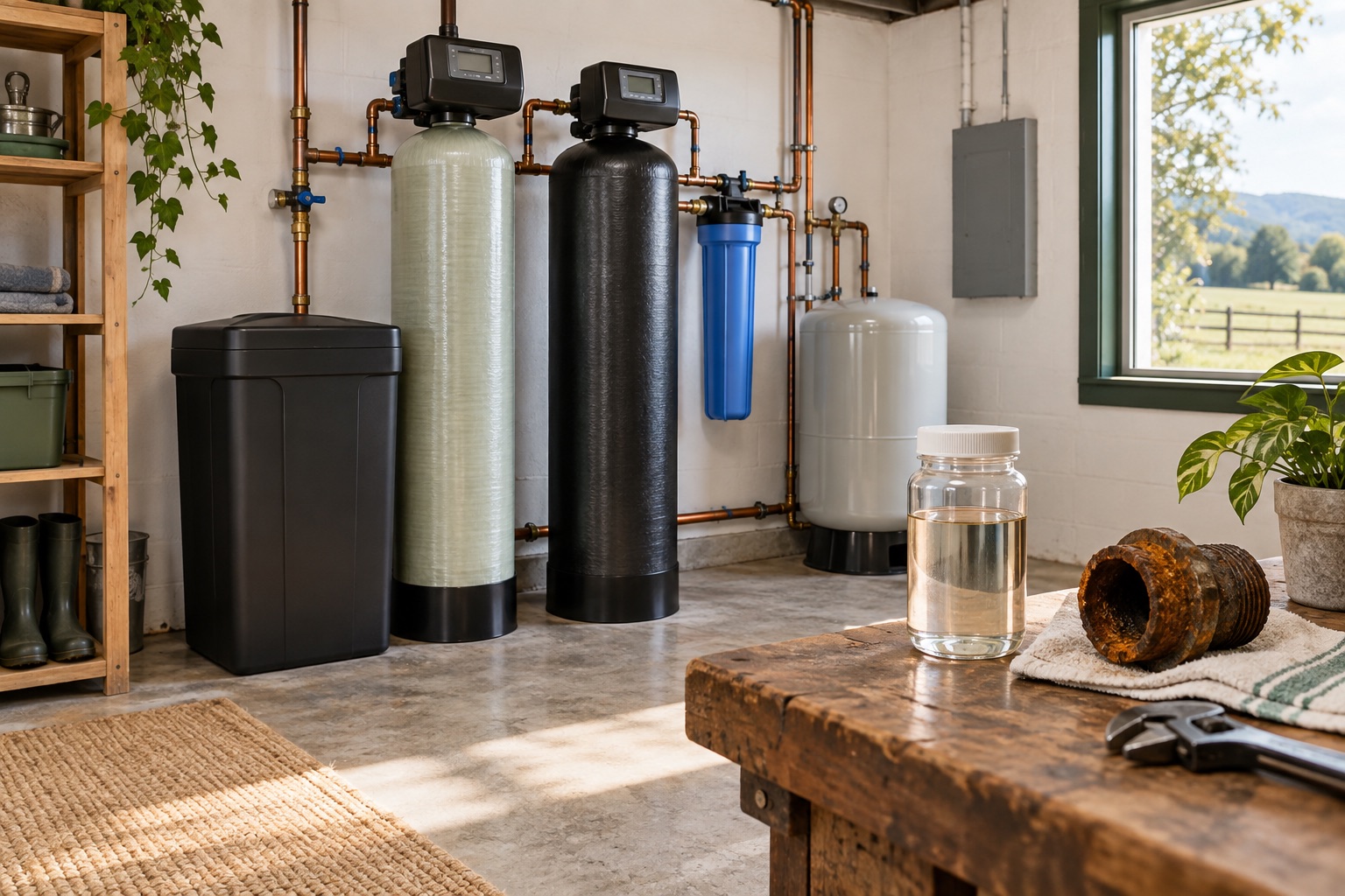 Whole-house well-water treatment equipment with a water sample and rusted fitting