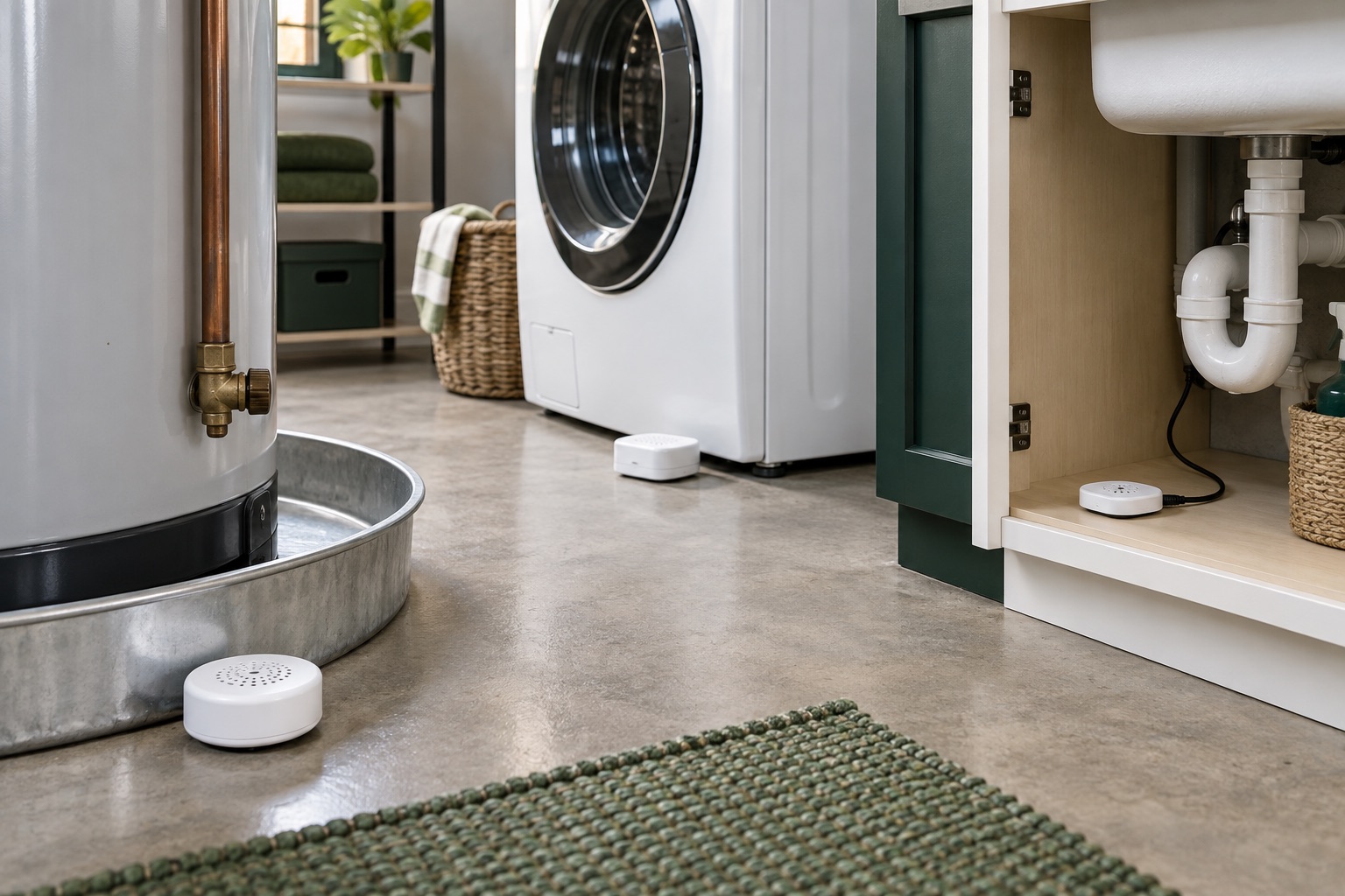 Audible water leak detectors placed around a dry utility room
