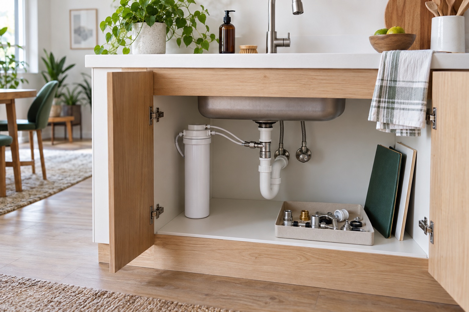 Reversible direct-connect water filter in a rental kitchen cabinet