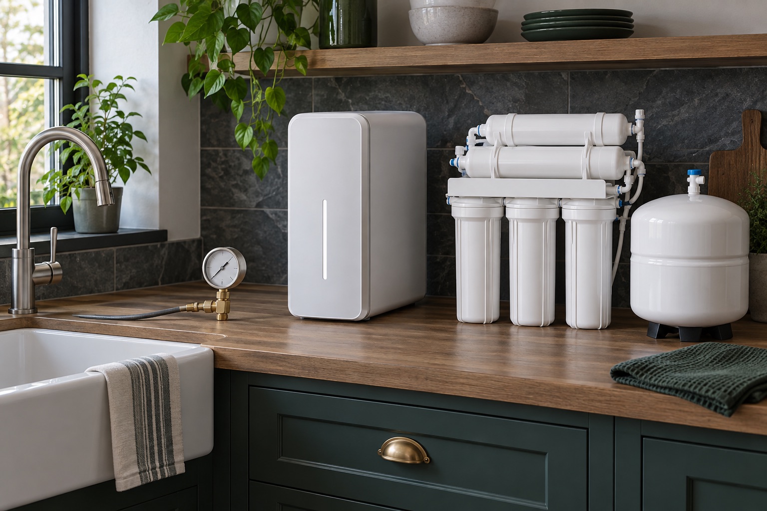 Tankless and storage-tank reverse-osmosis options beside a pressure gauge