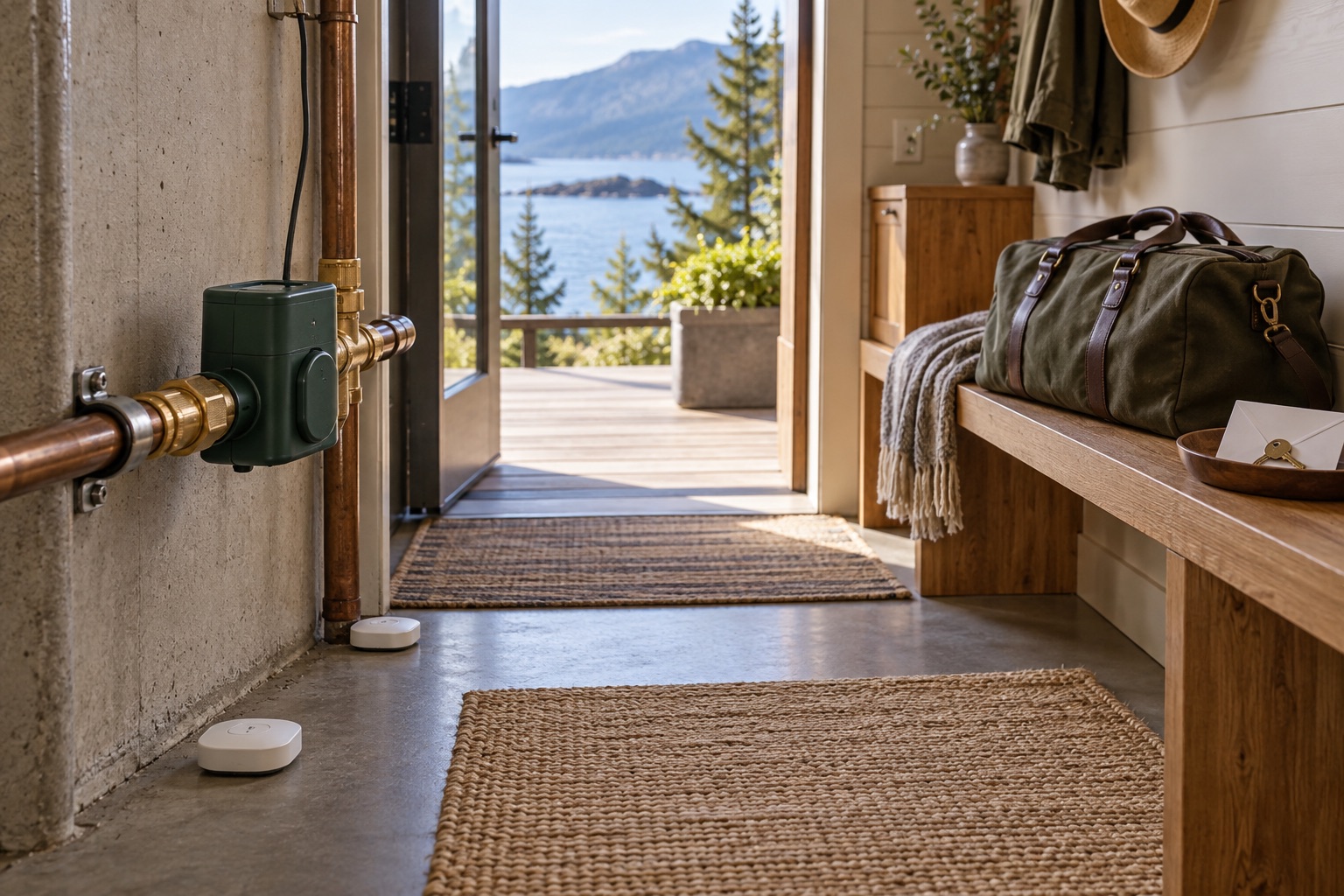 Automatic water shutoff and leak sensors in a vacation-home entry