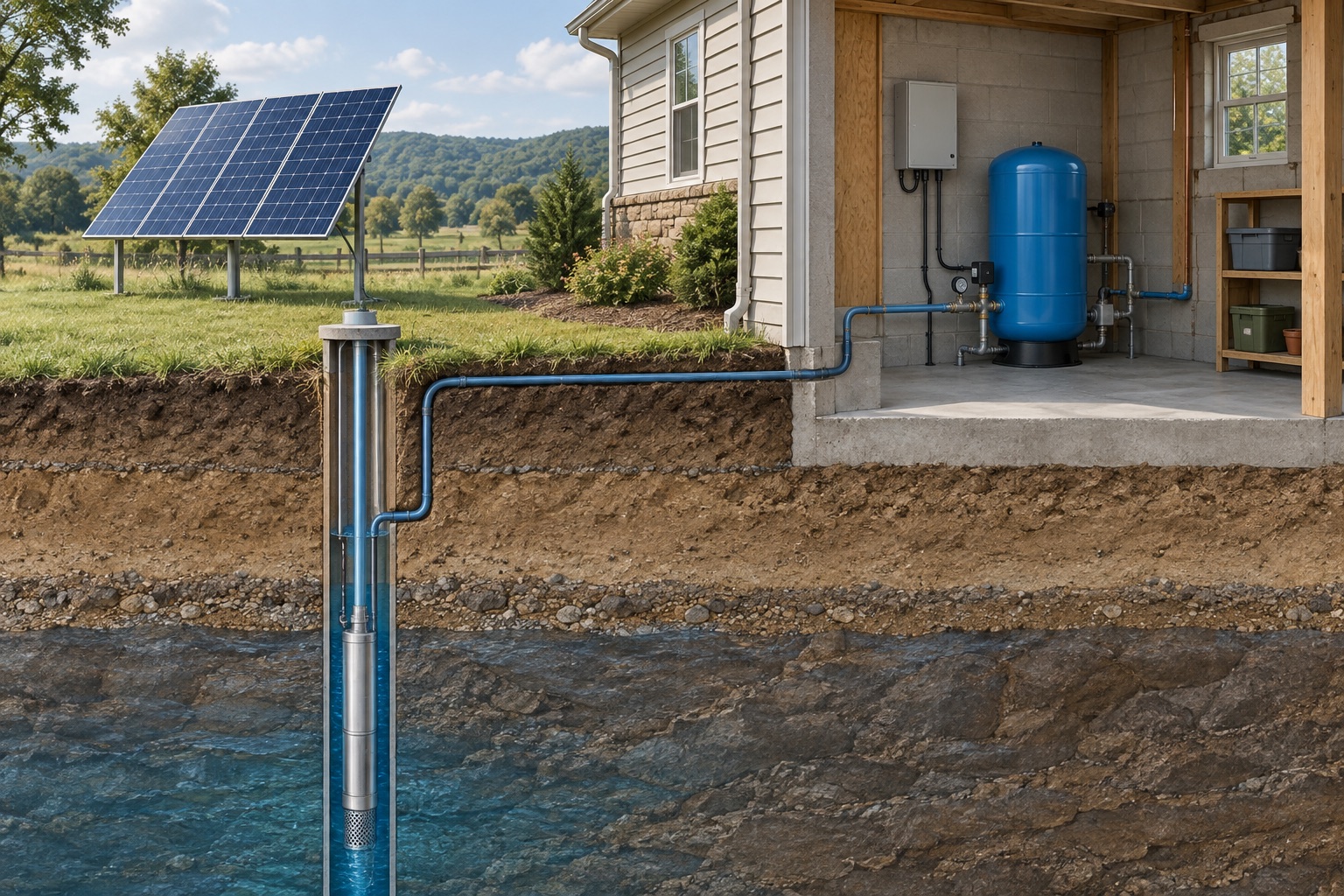 Cutaway view of a solar-powered private well, submersible pump and pressure tank