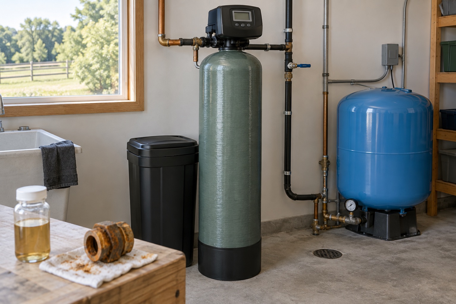 Generic whole-house well-water treatment tank in a rural utility room