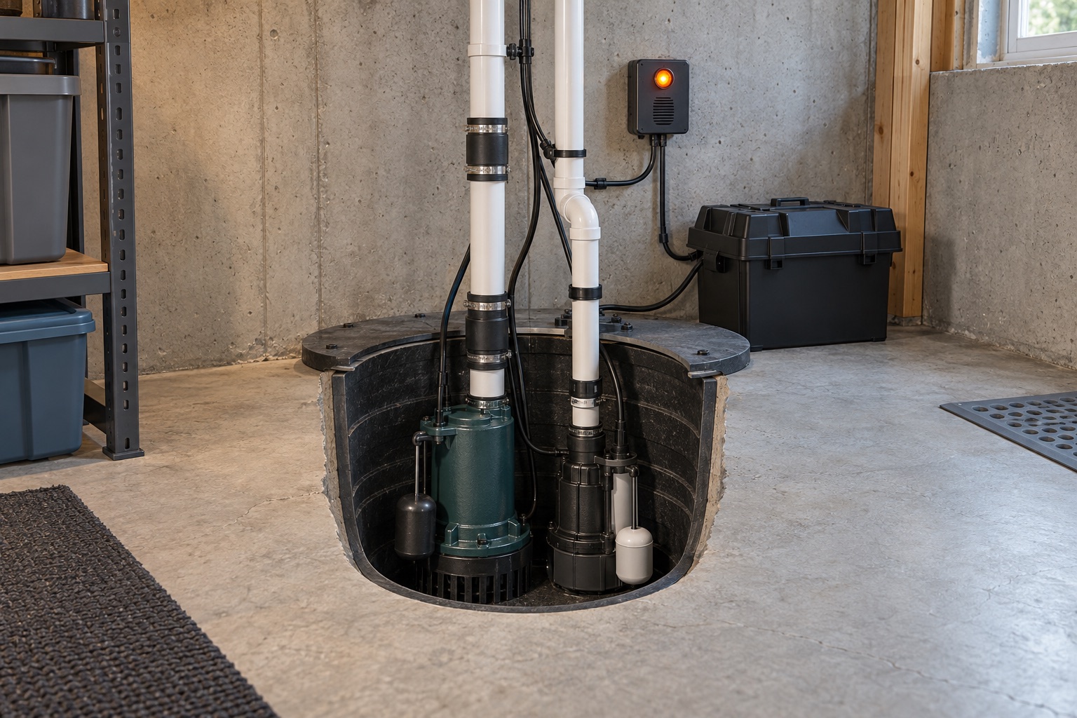 Primary and battery-backup sump pumps with a high-water alarm in a basement basin