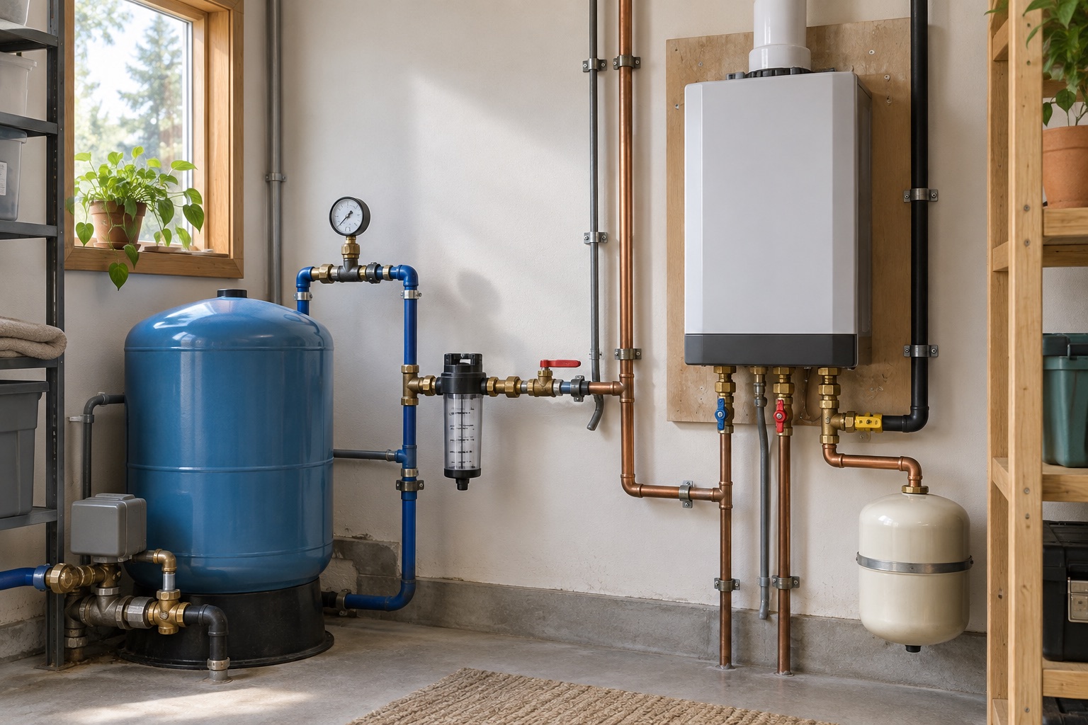 Tankless water heater installed beside a private-well pressure tank and water meter