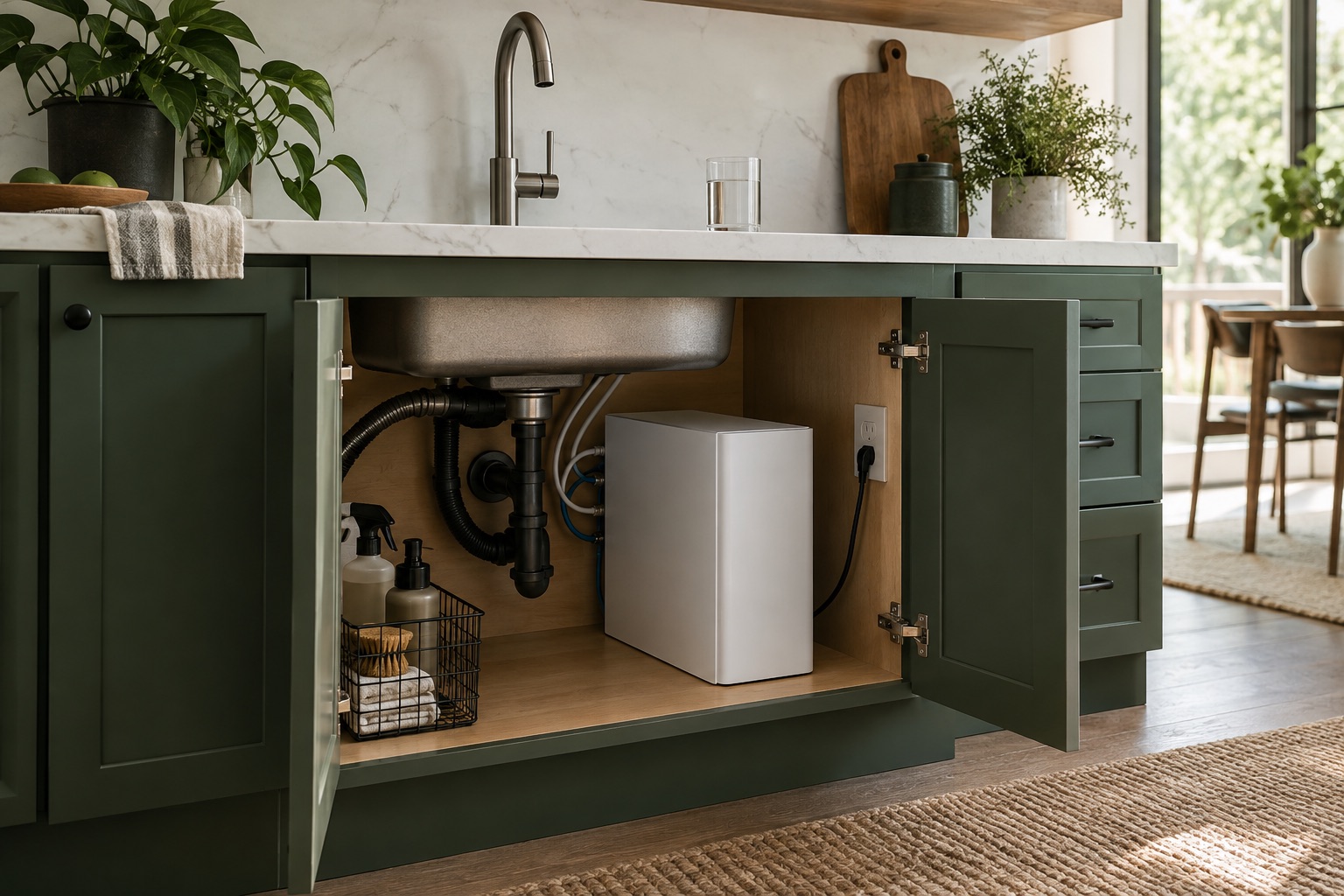 Generic tankless reverse-osmosis unit in an open kitchen cabinet
