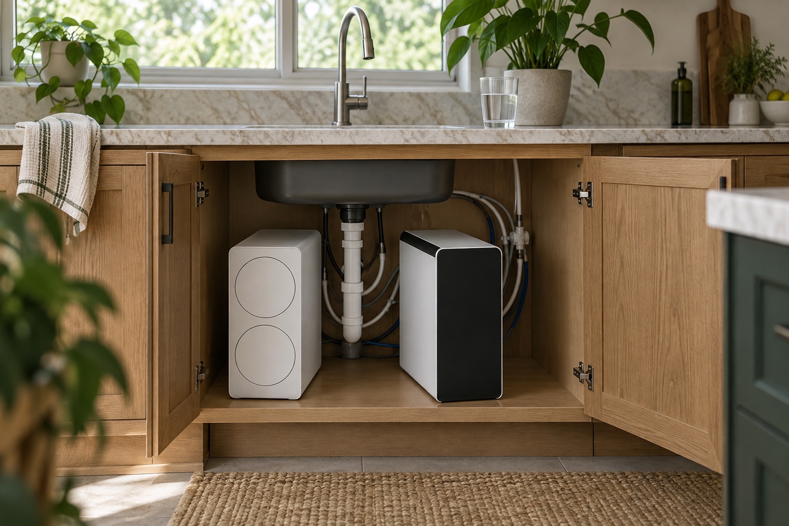Two generic tankless reverse-osmosis systems compared under a kitchen sink