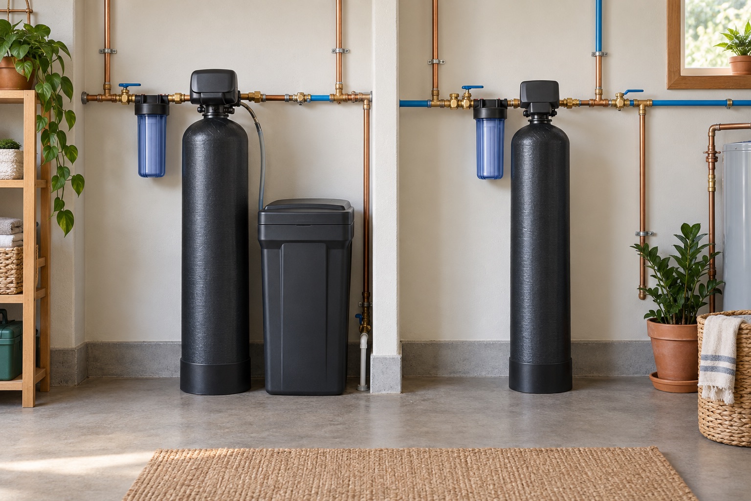 A softener and filtration layout compared with a single whole-house filtration tank