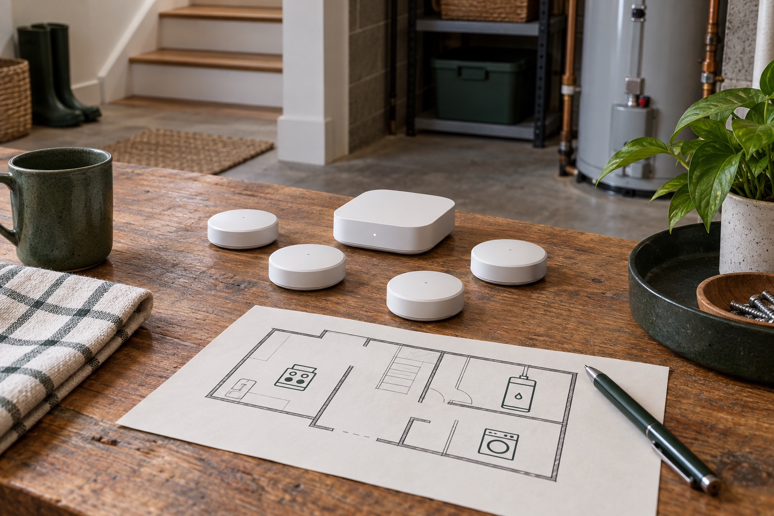 Generic leak sensors and hub arranged beside a room coverage plan